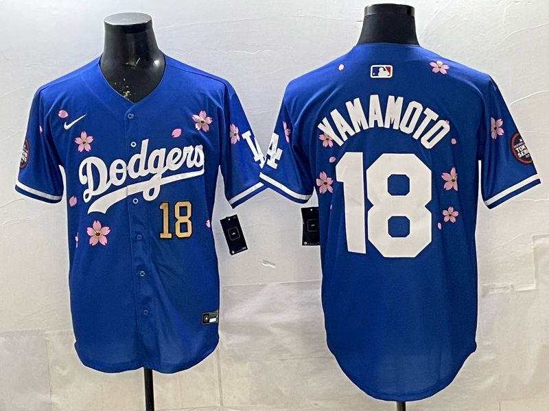 Men 2025 Los Angeles Dodgers #18 Yamamoto Blue Sakura Edition Nike MLB Jersey style 003->los angeles dodgers->MLB Jersey